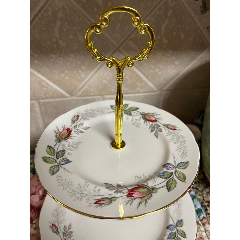 Vintage Paragon‎ Bridal Rose 2-Tier Tidbit Tray: Gold Trimmed Party Dish - Picture 4 of 10